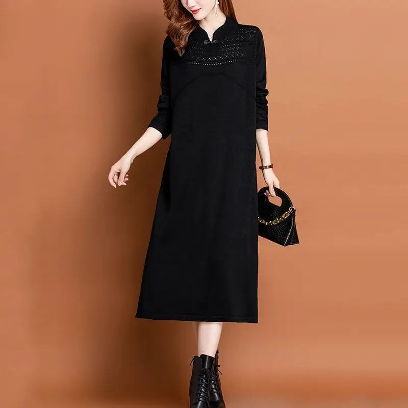 Robe Cheongsam à col montant pour femmes, robes pull longues, motif imprimé, mince, surdimensionné, femme, nouvelle mode, automne, hiver, 107, 2023