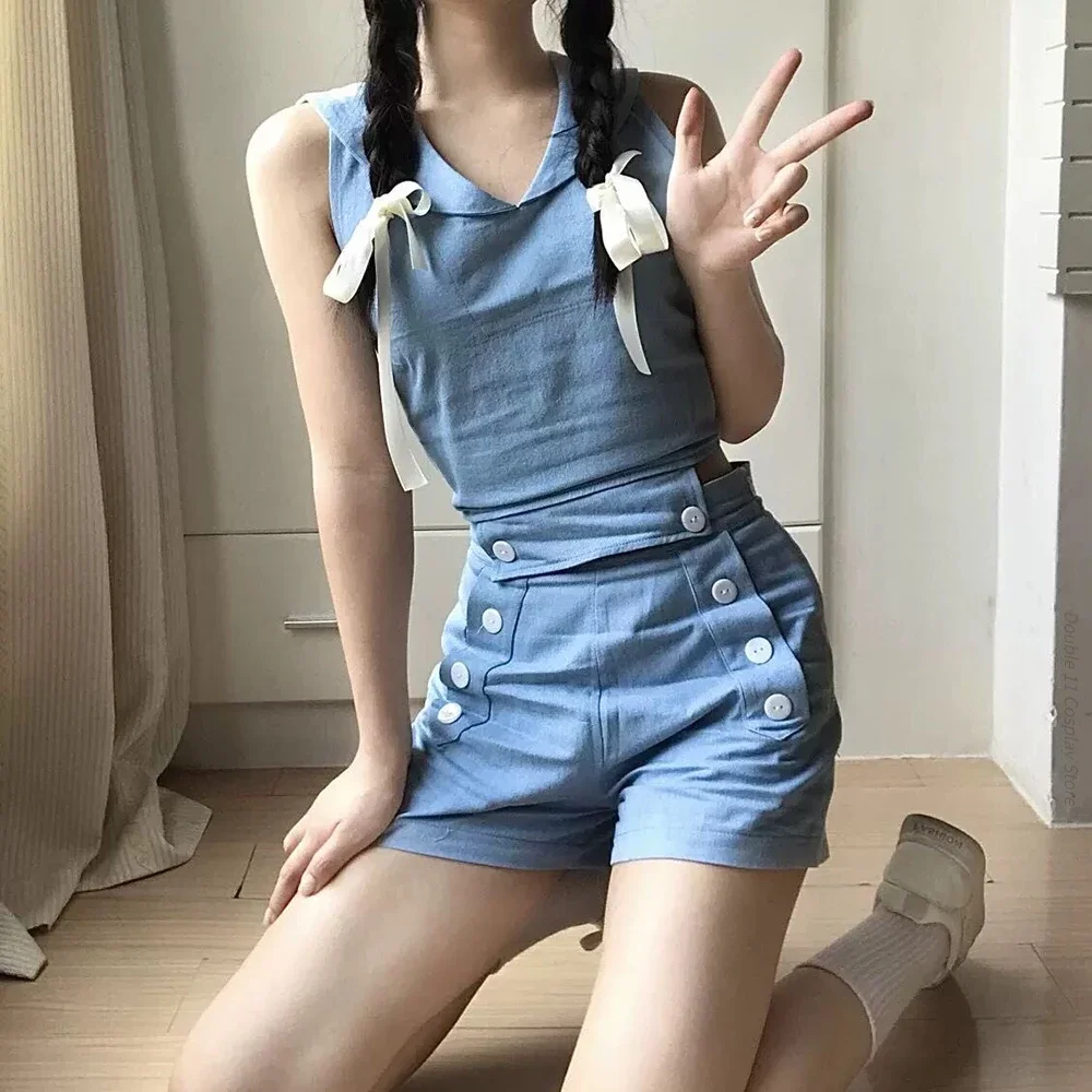 Movie Lolita Cosplay Costume Girl Top Shorts Cowboy Navy Uniform Set Sexy Sailor Neck Hollow Backless Lace-Up Tie Bow Clothes