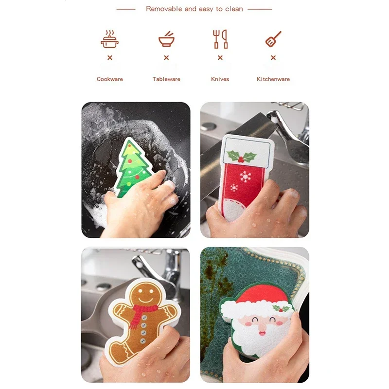 Christmas Compressed Wood Pulp Sponge Pot Wiper Magic Kitchen Scourer Dishwashing Sponges Rubs Cleaning Dish Pan Brush Tools