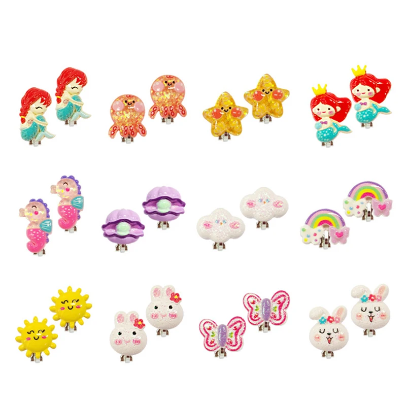 6PRS Gift for Children Non Piercing Girls Kids Earrings Mixed Cute Mermaid Rainbow Butterfly Clip on Earring
