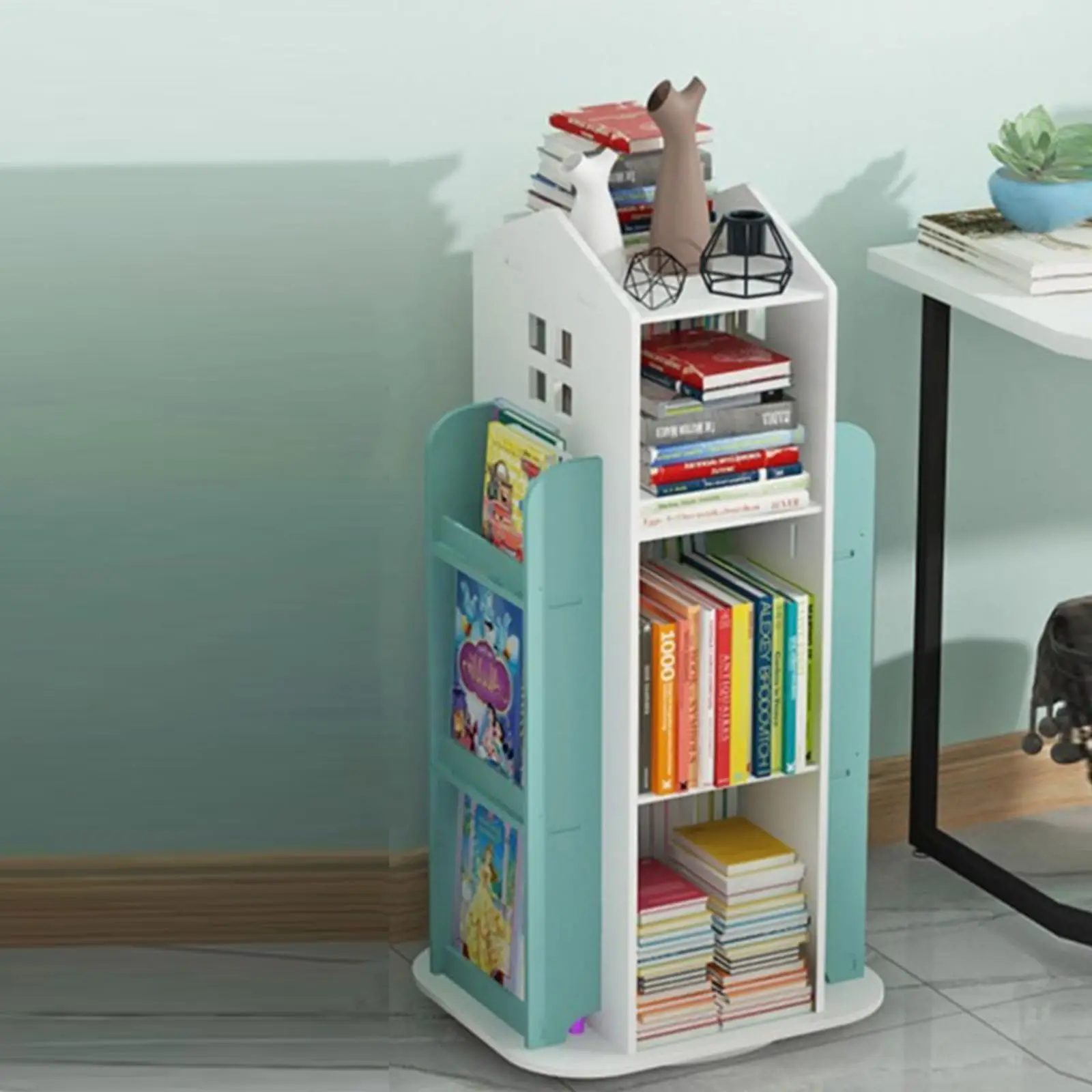 4-poziomowy obrotowy regał na książki, stojący na podłodze regał na książki do sypialni dziecięcej, salonu, gabinetu - zielony