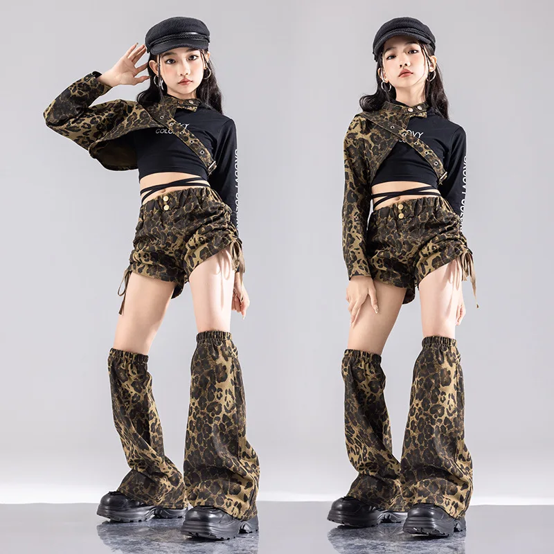 

Kid Hip Hop Clothing Leopard Shoulder Sleeve Top Lace up Shorts Leg Warmers Wide Pants for Girl Jazz Dance Wear Costume Clothes