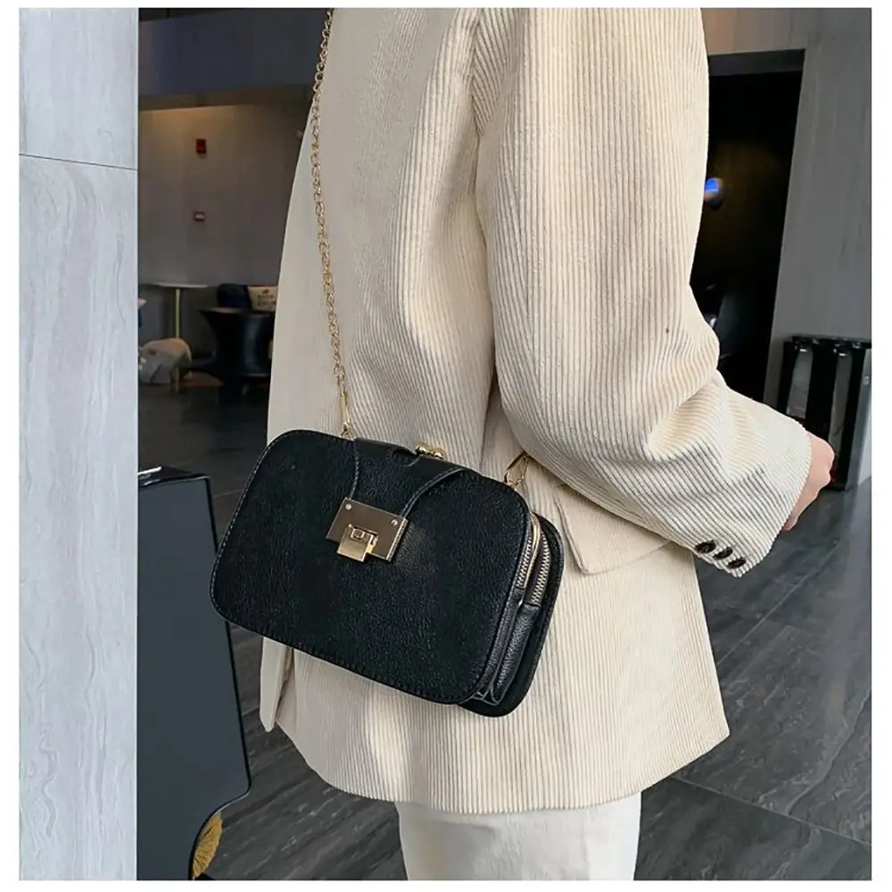 Trendy PU One-shoulder Bag Black Beige Chain Strap Crossbody Bag Large Capacity Buckle Mini Square Bag For Women