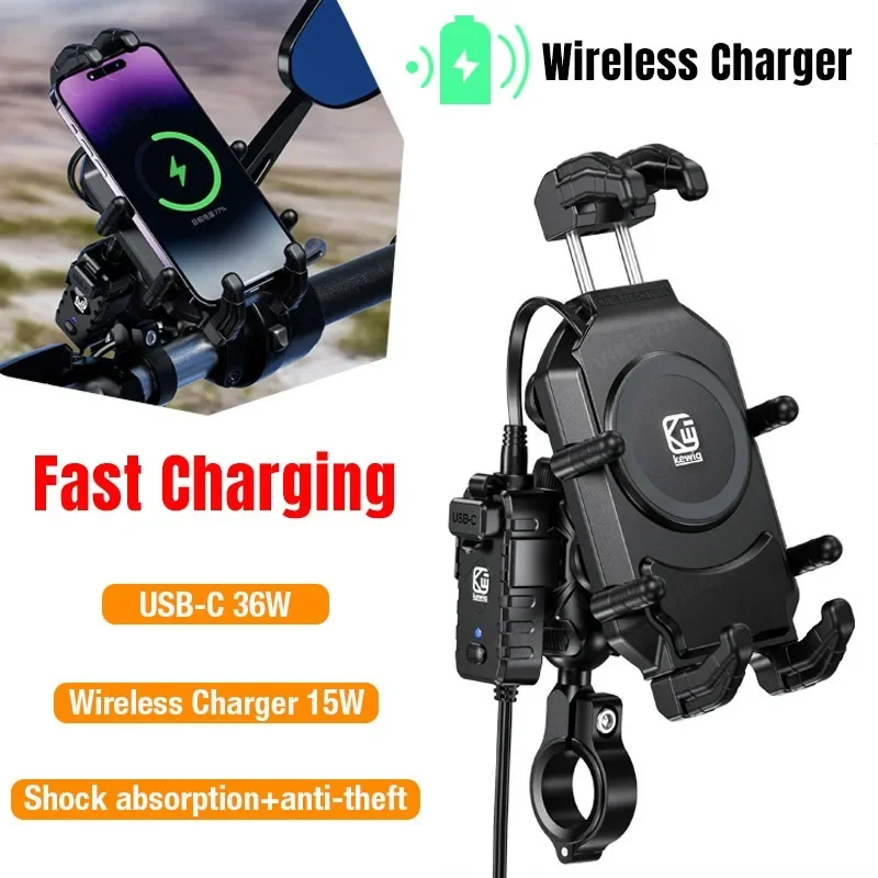 

Motorcycle Wireless Phone Mount Fast Charger Stand 15W & 36W USB C Handlebar Anti-Theft Motor Bicycle Holder For 4.7-7.4" Phone