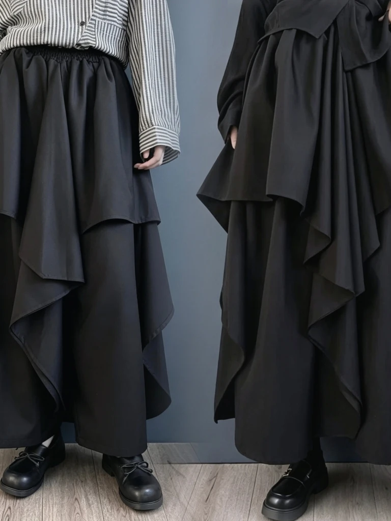 High Waist Asymmetric Multi-Layered Elastic Band Skirt Design Sensation Dark Style Irregular Half-length Skirt for Women
