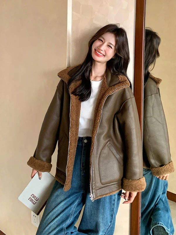 Double-Sided Wear Lamb Fur Jaet Women's ort Sle Retro Fluffy Lamb Velvet Warm Thiened Zipper Casual Faion