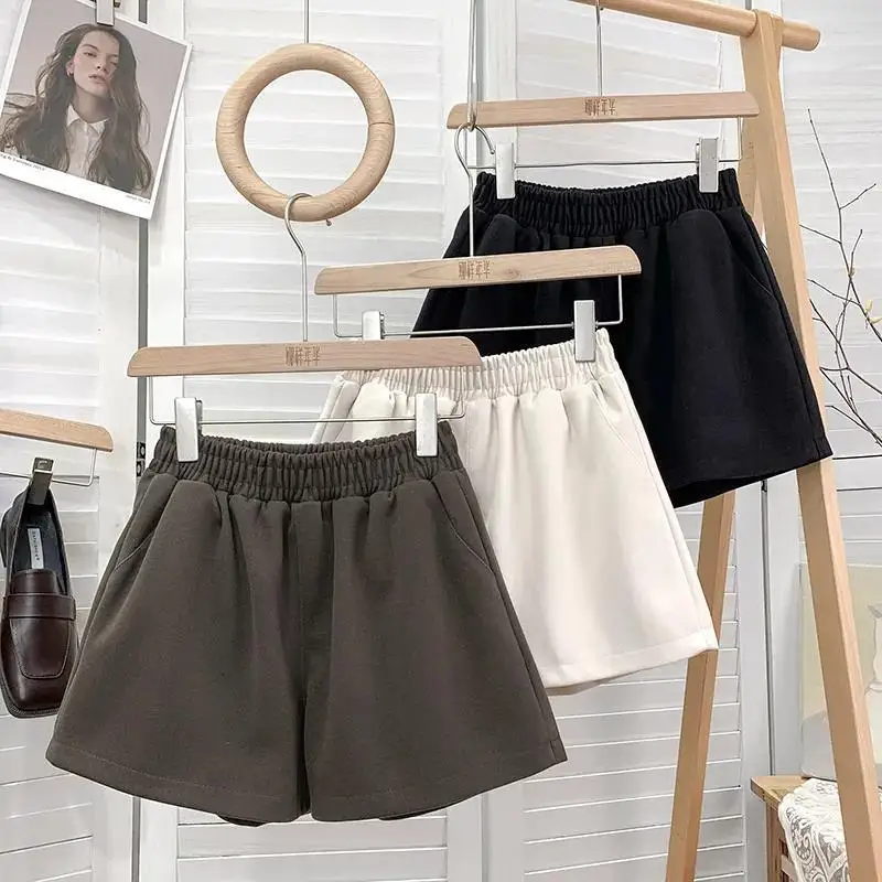Elegant High Waist Elastic Waist Tweed Shorts Women's Winter Design Casual Boot Pants A-Line Wide Leg Polyester Fiber