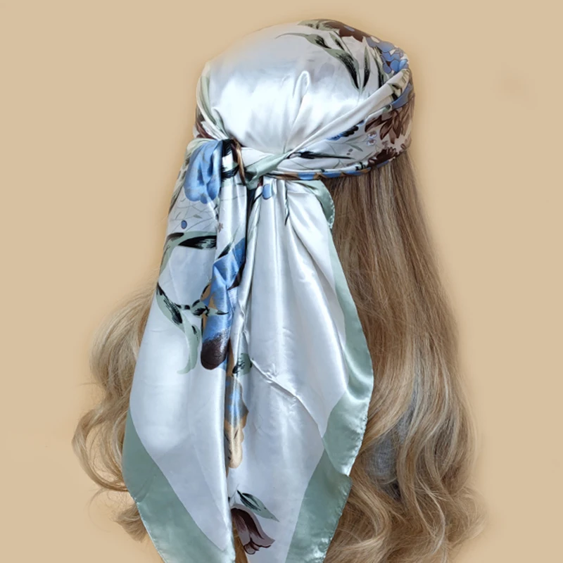 90*90cm Silk Scarf Women Print Hair Neck Square Office Ladies Shawl Bandanna Muslim Hijab Handkerchief Muffler Foulard female