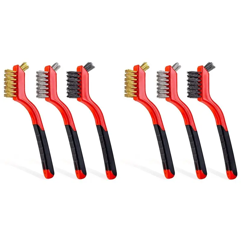 BHTS-6-Pack Wire Brush Set , 7Inch Small Wire Brushes For Cleaning, Rust Remover, Dirt Cleaner, Metal Brush, Paint Scrubbing