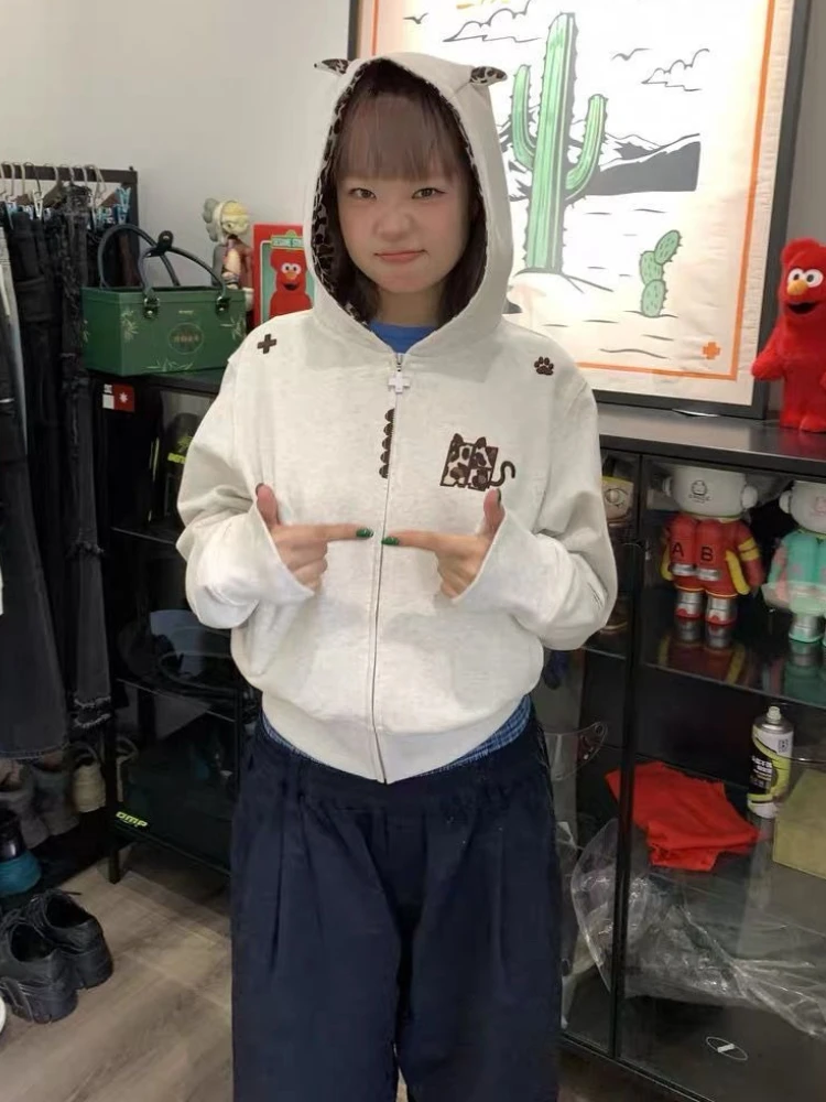 Deeptown Kawaii Zip Up Hoodies Women Japanese Style Vintage Leopard Print Sweatshirts Oversized Cute Embroidered Bunny Hoodies