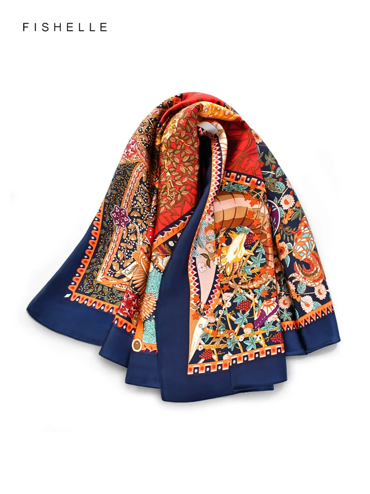 Colorful plants tree dark blue 100% natural silk scarf head band luxury gift women wrap bandana hijab shawl 90cm neckerchief