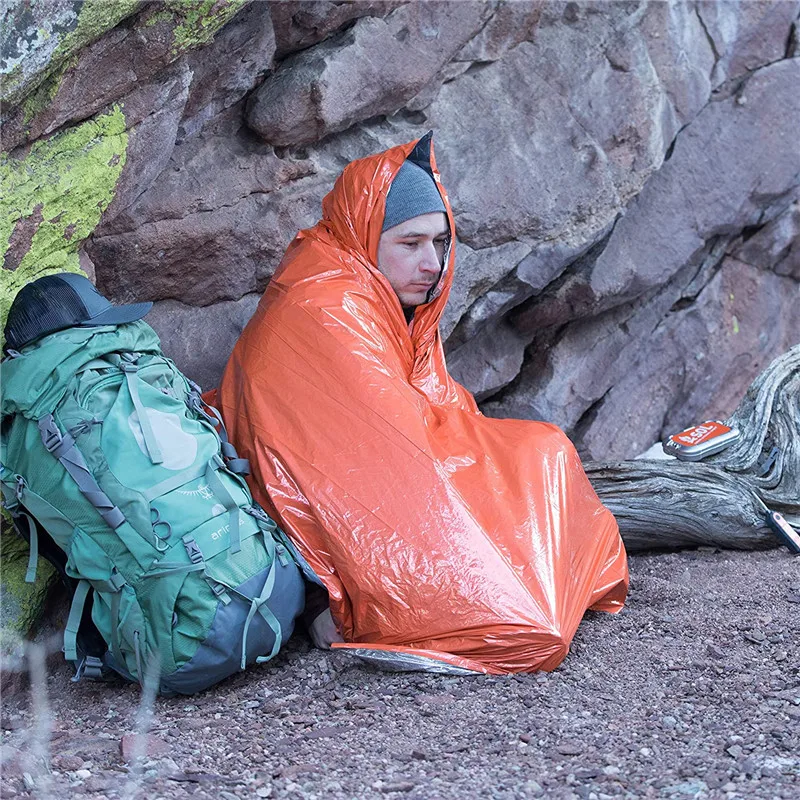 Couverture d'urgence à isolation thermique, sac de couchage, feuille d'aluminium, protection solaire extérieure, tente de sauvetage