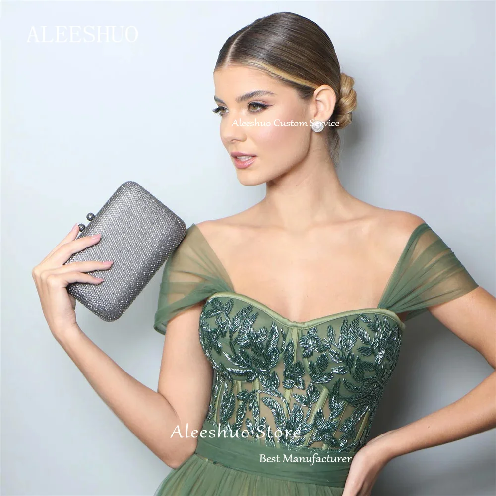 Aleeshuo Donkergroene Tule Galajurken Elegant Glanzend Off Shoulder Liefje Kanten Gelaagde Lange Formele Gelegenheid Avondfeestjurk