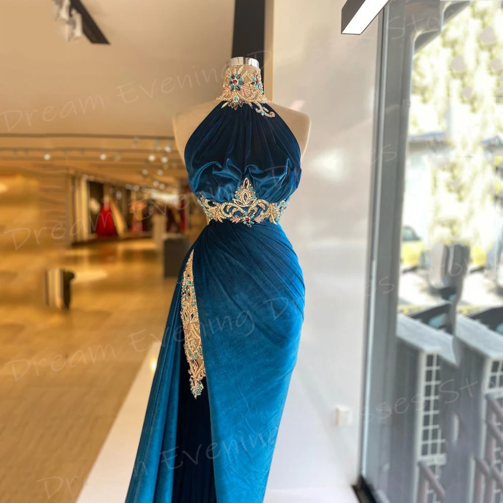 Elegant Women\'s Mermaid Classic Evening Dresses Sexy Halter Neck Customized Prom Gowns High Split Beaded فساتين سهره شارون سعيد