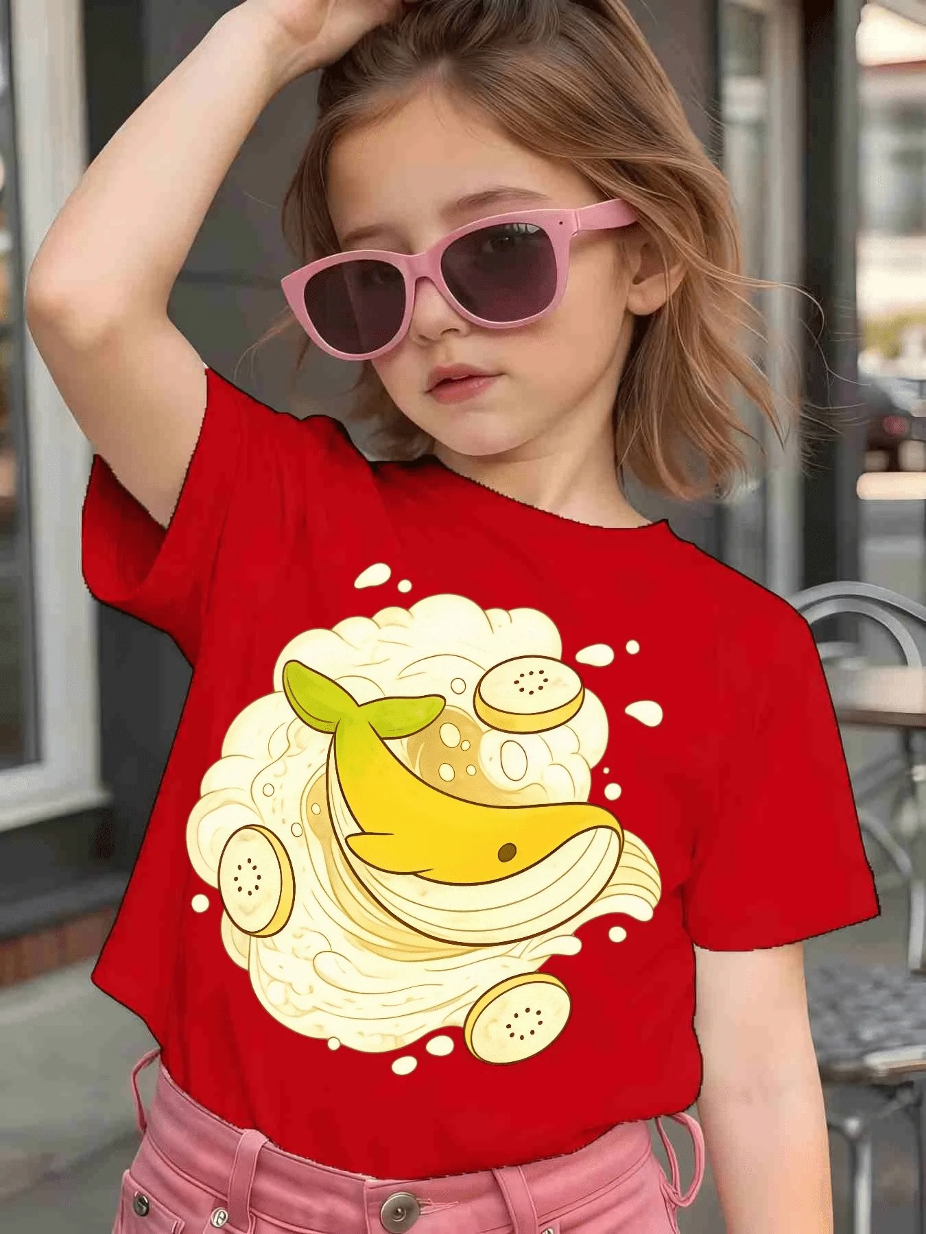 Cute Banana Whale Fruit Cartoon Graphic Kids Tee Boys Girls Family Matching Cotton Crew Neck Short Sleeve Soft Summer Tee