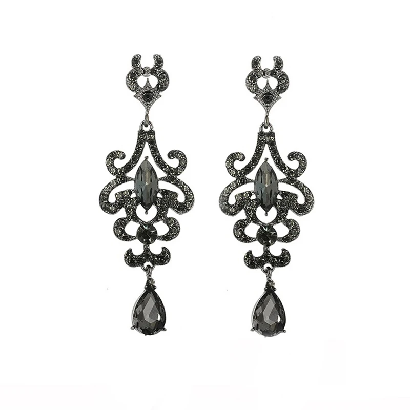 Vintage Jewelry Accessories Goth Classic Elegant Long Black Floral Gems Crystal Rhinestone Dangle Drop Earrings for Women