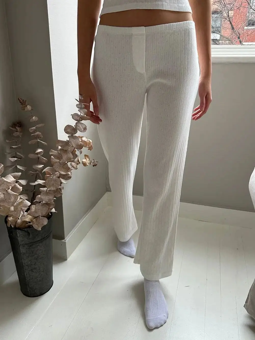 Eyelet White T-shirt Pant Pajama Set Woman Buttons Long Sleeve Tee+Elastic Waist Straight Trousers Cotton Home 2 Piece Sets Y2k