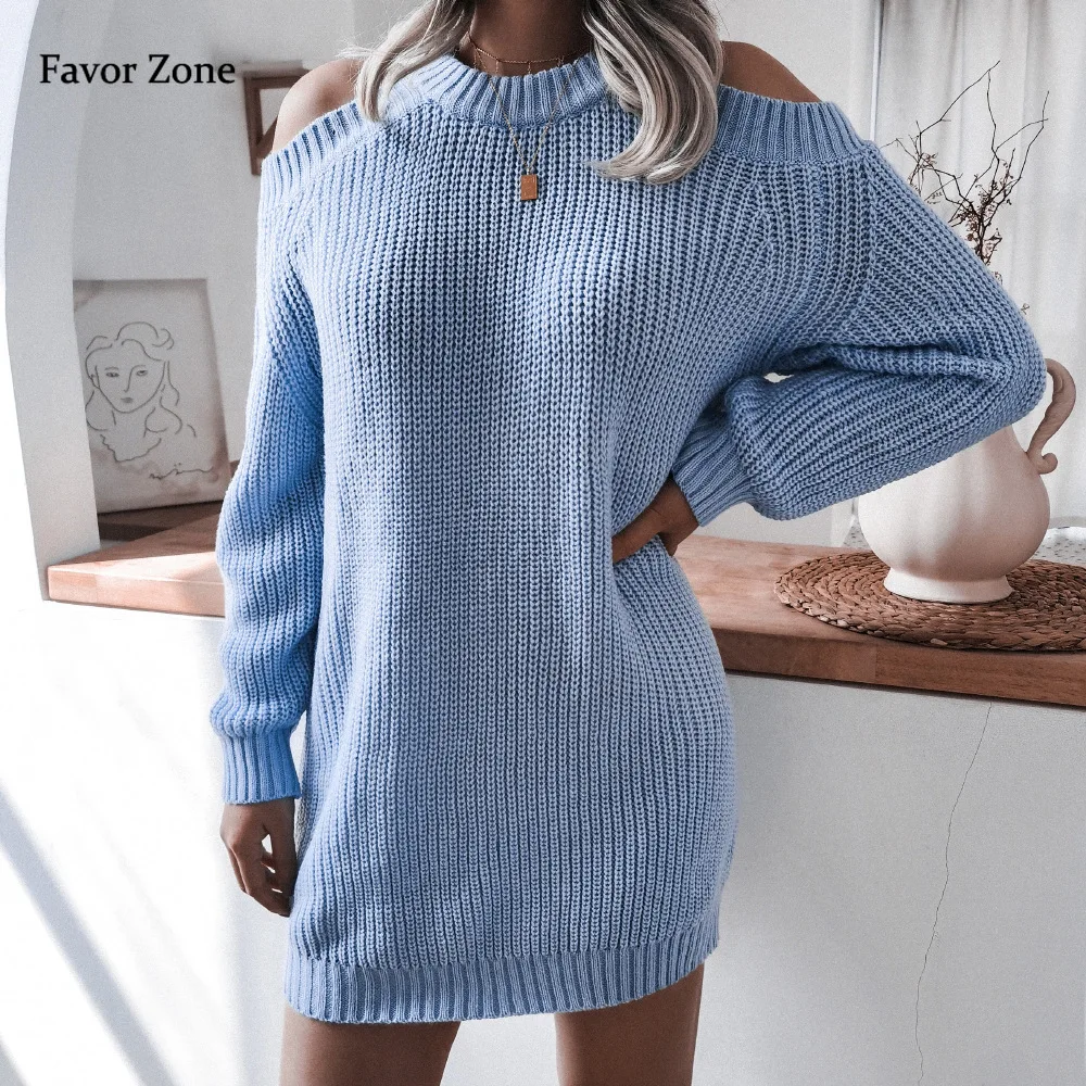 

Casual Loose Sweaters Dresses For Women 2023 Autumn Winter Sexy Off Shoulder Elegant Straight Long Sleeve Mini Knitted Dress