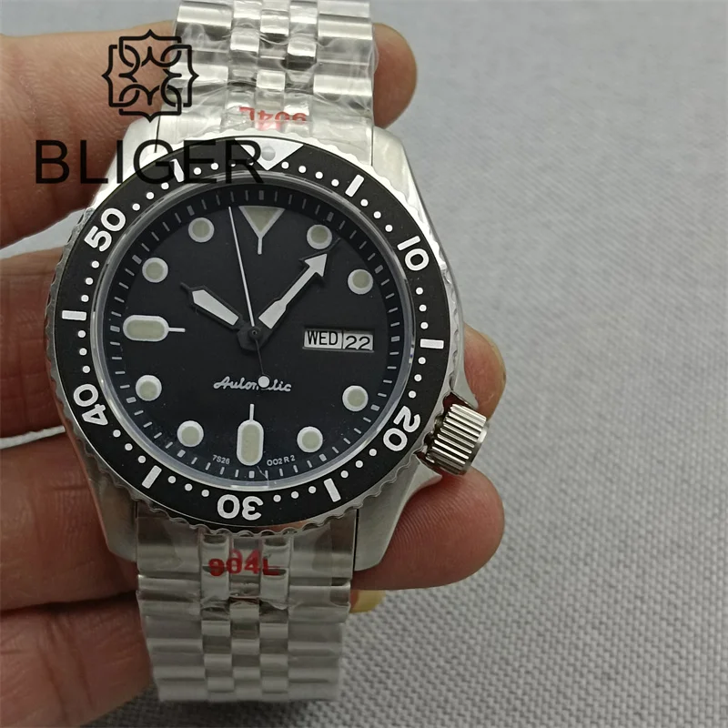 BLIGER NH36 Watch For Men 41mm Stainless Steel Case Charpter Ring 3.8Crown Sapphire Glass Weekday Date Green Luminous Waterproof