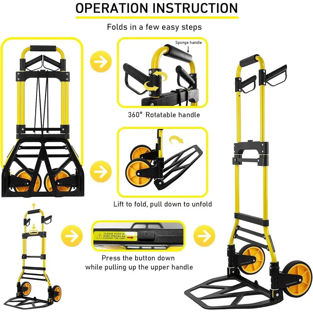 Przenośny aluminiowy wózek na bagaż o udźwigu 200 kg, składany wózek do podróży, biura i dla osób z ograniczeniami w mobilności.