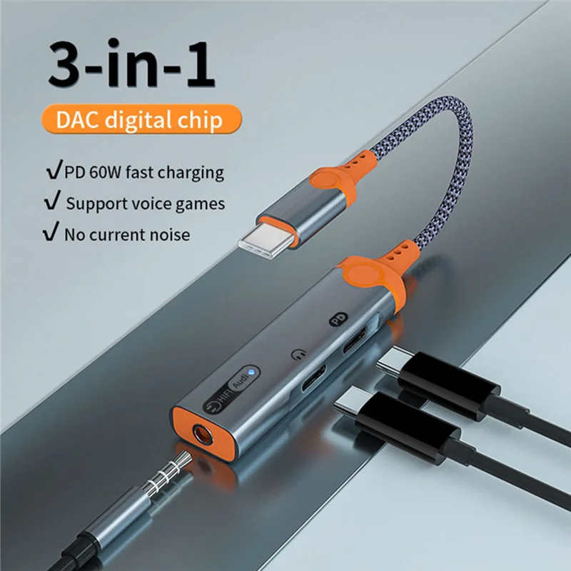 3 in 1 Headphone Jack Adapter PD60W Fast Charging Splitter Type C to 3.5mm DAC Audio Dual Type C Earphone Converter-A HOT