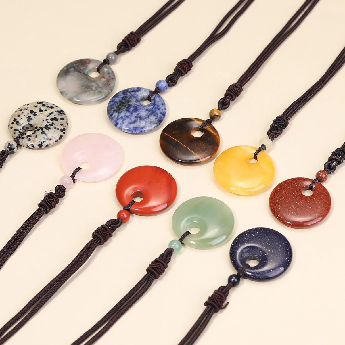 Bohemian Style Natural Stone Hole Bead Round Penda Necklace Tiger Eye Rose Quartz Amethyst Necklacent  Jewelry  Men and Women