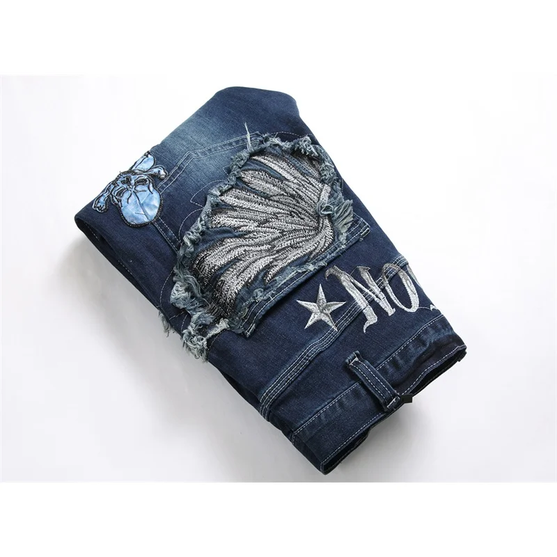 2024new back pocket embroidered jeans men's street cool fashion elastic straight Slim retro blue motorcycle trousers