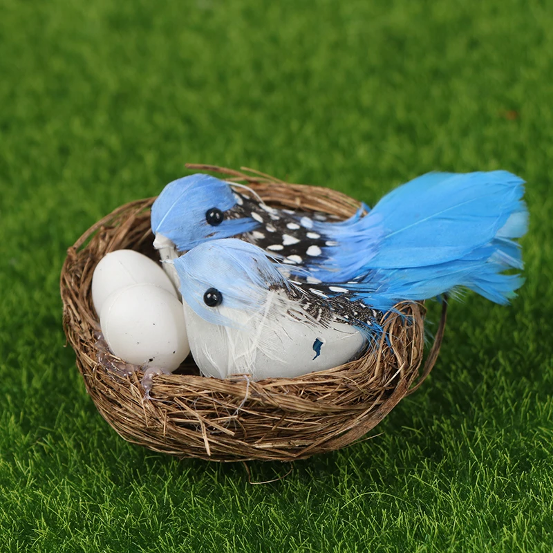 1 Set Artificial Feathered Birds & Nest & Egg Creative Craft Birds Sculpture