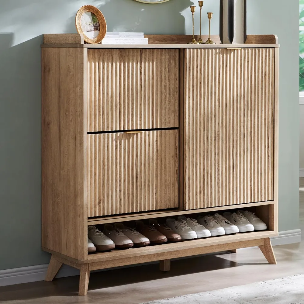

Fluted Shoe Storage Cabinet with 2 Flip Drawers & Sliding Door, 4-Tier Adjustable Shelves, 47" Wide Freestanding Shoe Organizer