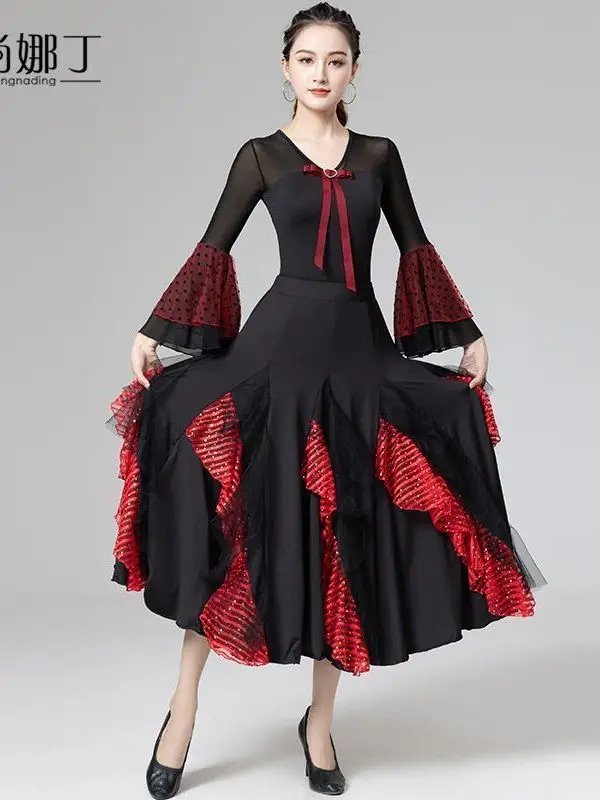 Modern Dance Skirt Women's New National Standard Waltz Social Dance Dress Table Performance Long Sleeve Top Big Swing Half Body