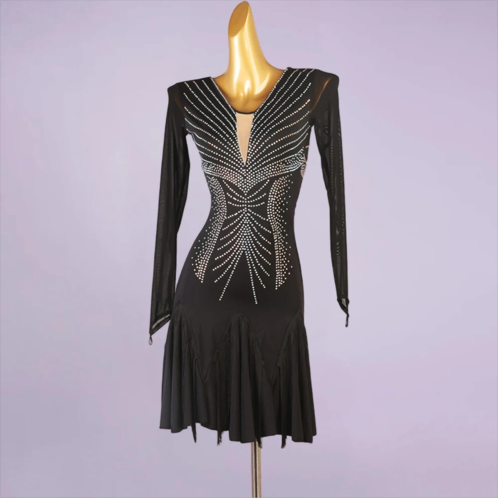 Black Simple Latin Dance Dress Adult Rumba Cha Cha Dance Table Performance Competition Clothes Rhinestone Tassel Dance Dress