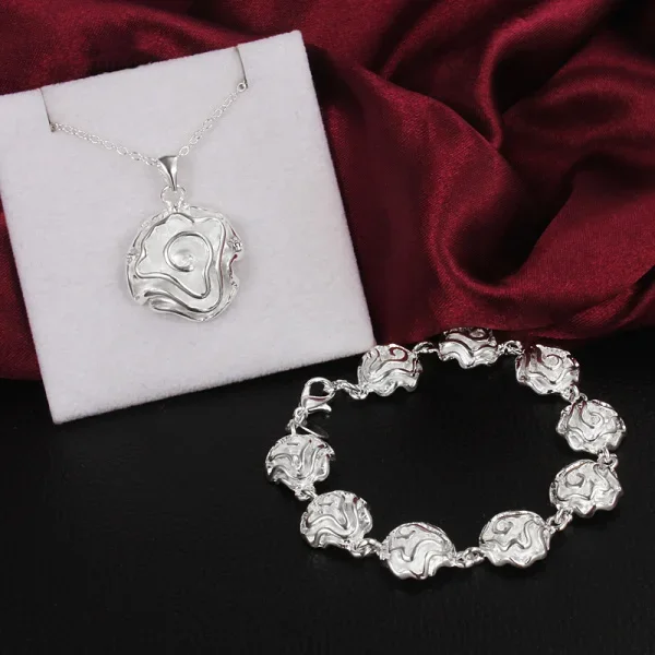 Hot Charms designer 925 sterling Silver Pretty rose flower Bracelets necklaces Jewelry set for women fashion Party wedding gifts