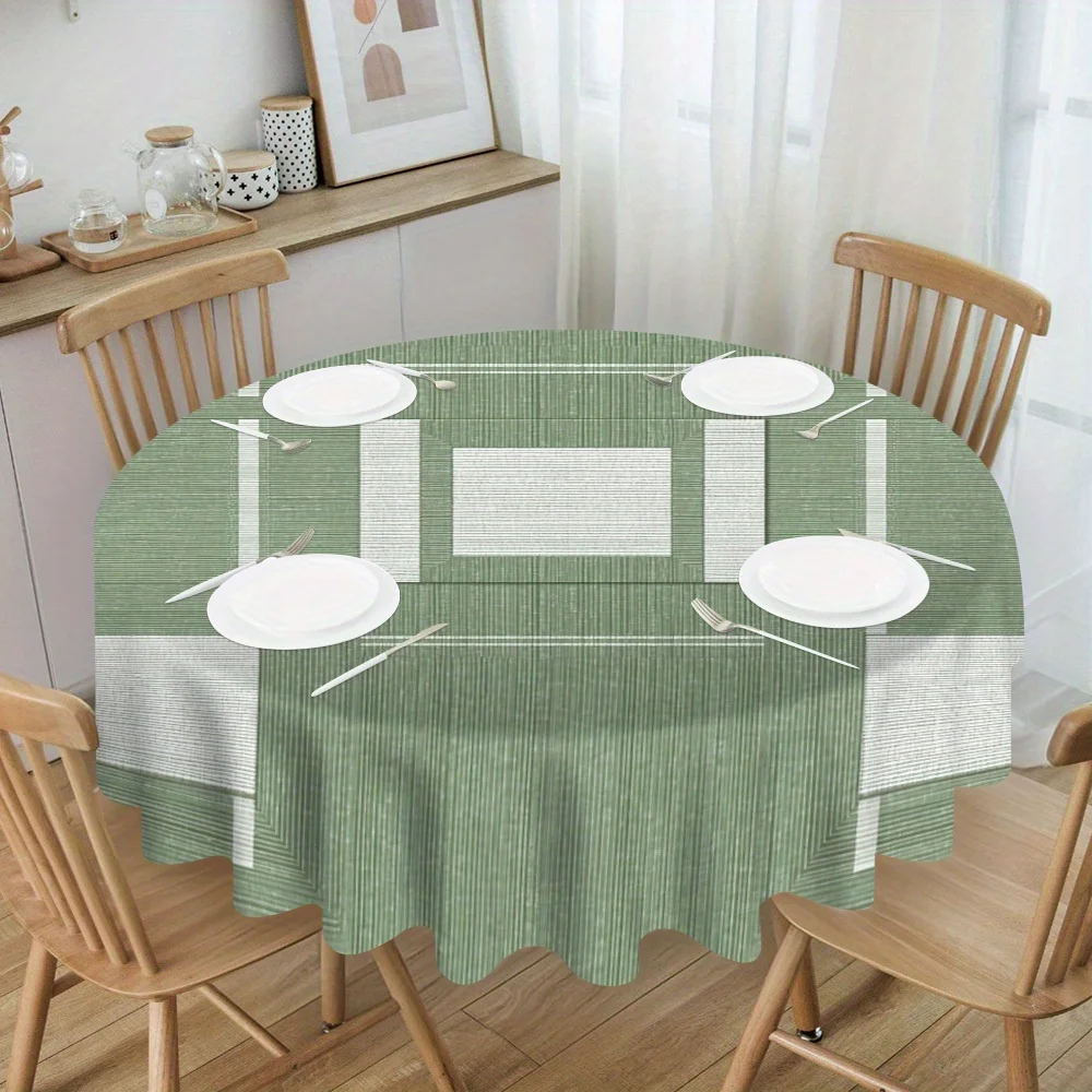 One green geometric grid round tablecloth - elegant polyester design, suitable for thoughtful dining times.