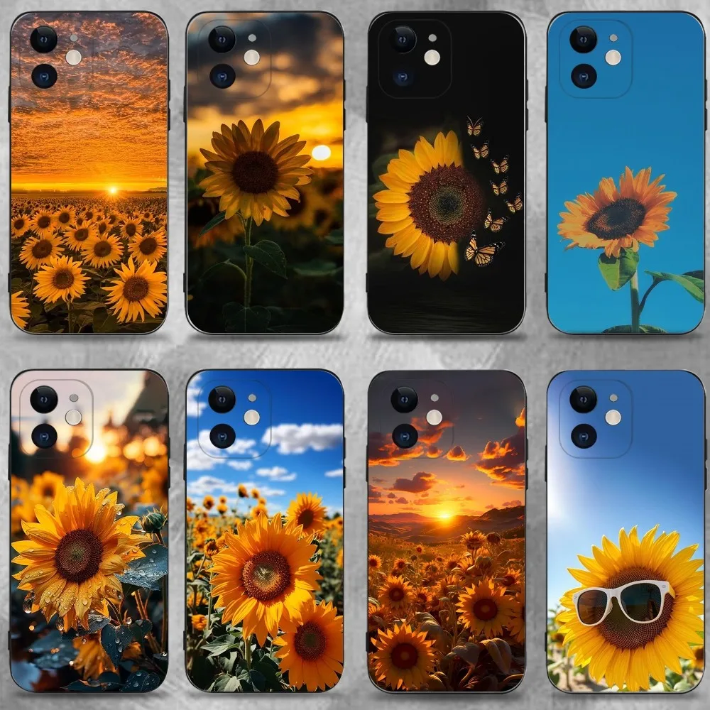 

Beautiful Yellow Sunflower Phone Case For iPhone 16,15,14,13,12,11 Plus,Pro Max,XS,X,XR,SE,Mini,8,7,Soft Silicone Black Cover