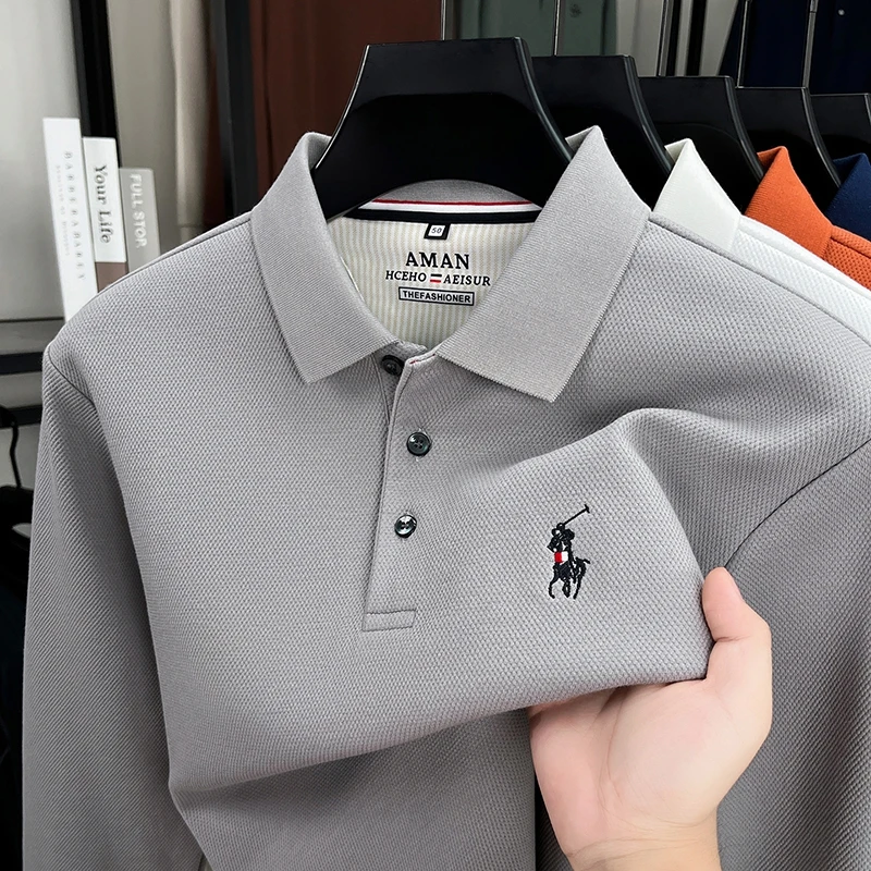 New Spring and Autumn Pure Cotton Polo Shirt Men's Long Sleeve T-shirt Flip Collar Casual Business Bottom Shirt Top Men's Style