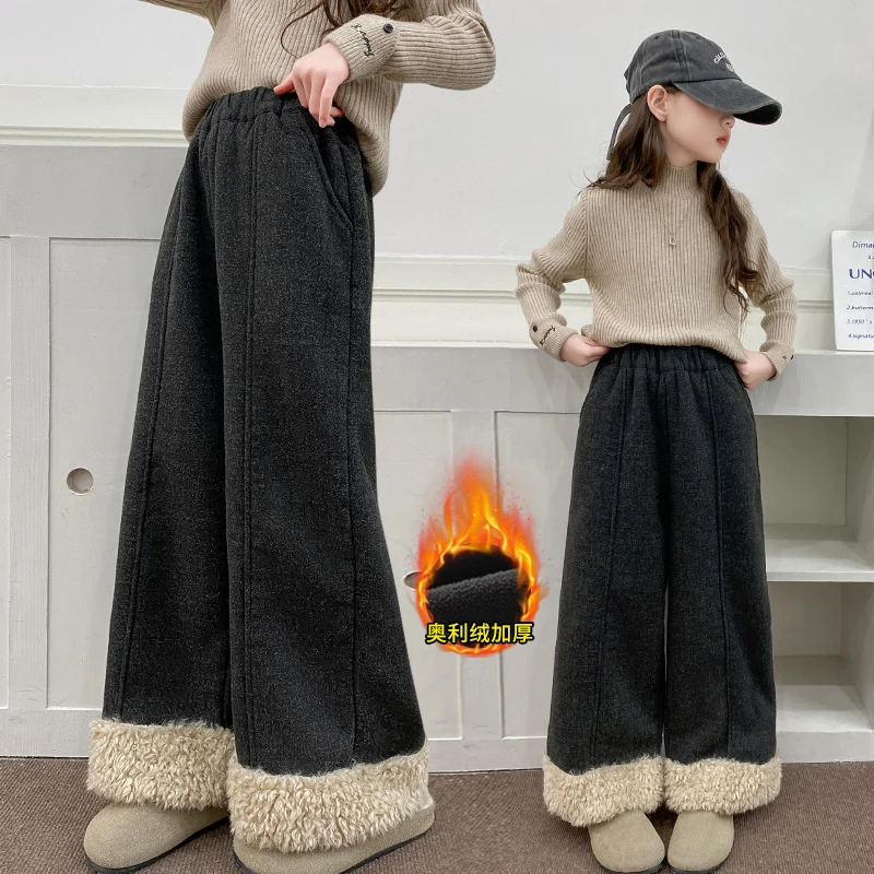 

Teenage Girls Fleece-Lined Wide Leg Pants Winter Loose Fit Trousers Cozy Straight Cut for Baby Girls Soft Warm Insulated Pants