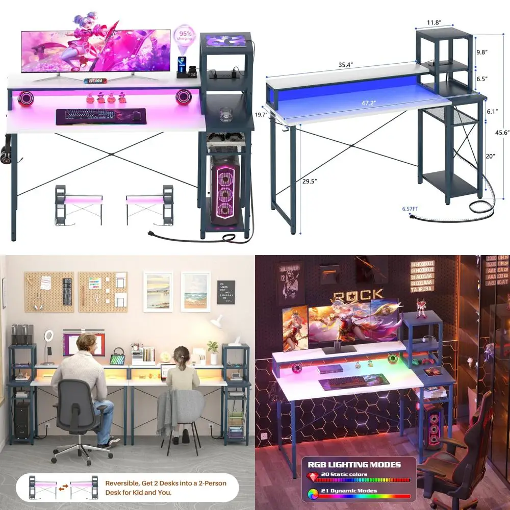 

Игровой стол со светодиодной подсветкой и расширенной подставкой для монитора, двусторонний стол для ноутбука 47,2 для хранения и комфорта