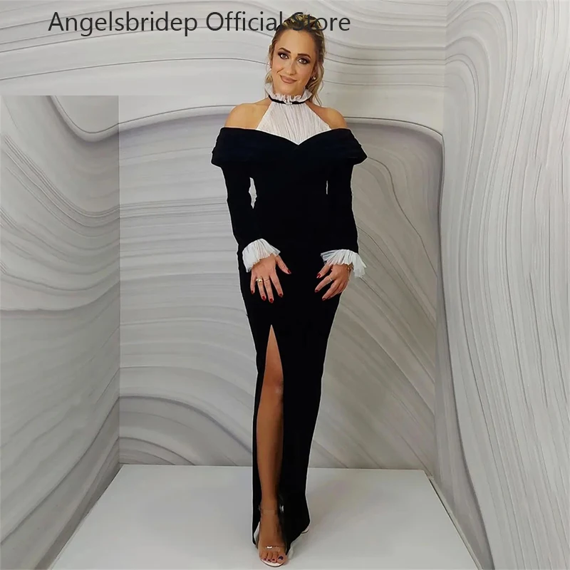 

Angelsbridep Black Mermaid Evening Dresses Off Shoulder High Neck Side Slit Elastic Prom Dress Saudi Arabia Satin Party Gowns