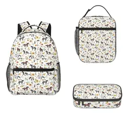 Horses With Yellow And Pink Flowers, Backpacks Boys Girls Bookbag School Bags Cartoon Rucksack Lunch Bag Pen Bag Three-Piece Set