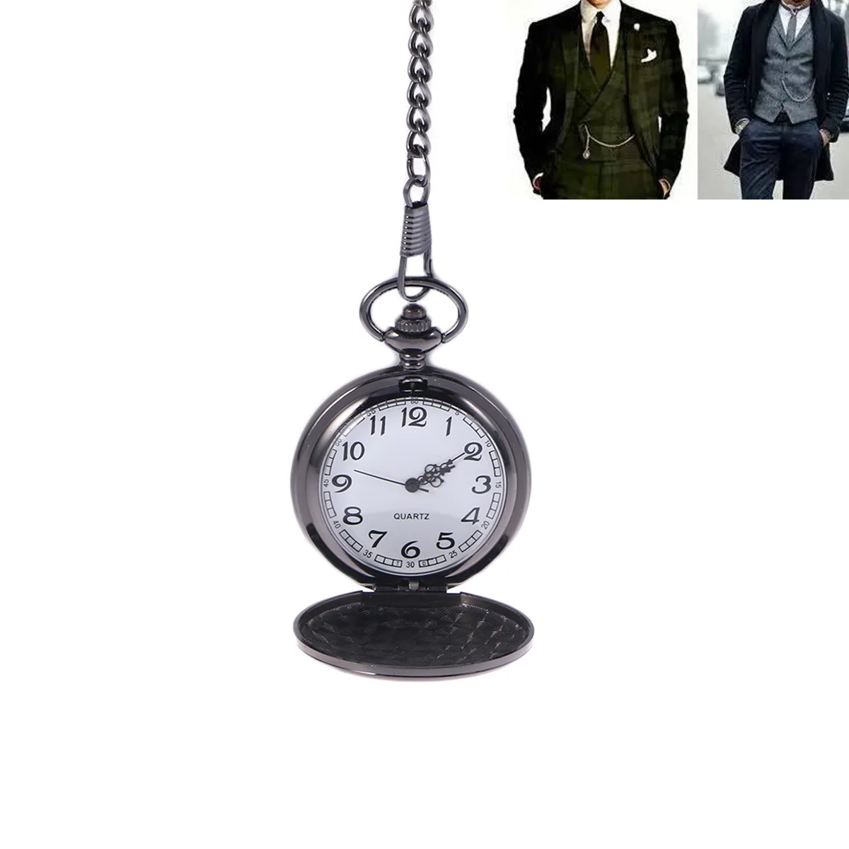 

Mens Vintage Pocket Watch Black Stainless Steel Mechanical Movement Removable Chain Round Dial 12-Hour 24-Hour Time Display