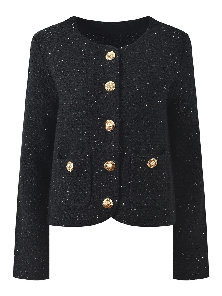 

Luxury Edition Parisian Sle Knitted Cardigan Heavy Embellied Sequin Tweed round Ne Open Front Outerwear for Women