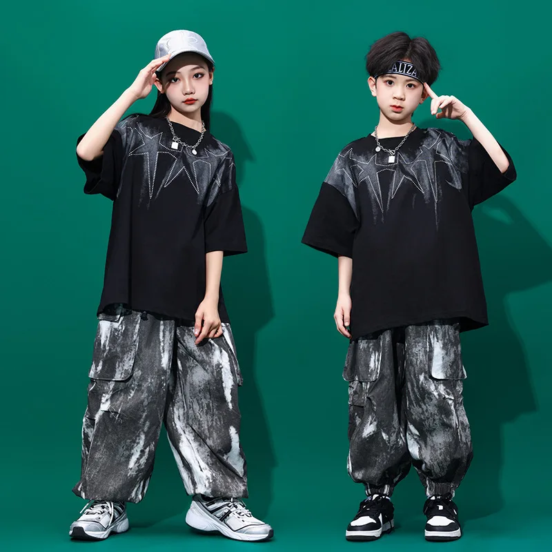 Kid Cool Hip Hop Clothing Black Stars T Shirt Casual Street Tie Dye Cargo Jogger Pants for Girl Boy Jazz Dance Costume Clothes