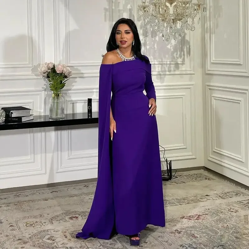 Fimora Elegant customizd Purple Prom Dress Women Pleated Long Sleeve Party Evening Dresses Ankle Length Special Occasion Gowns