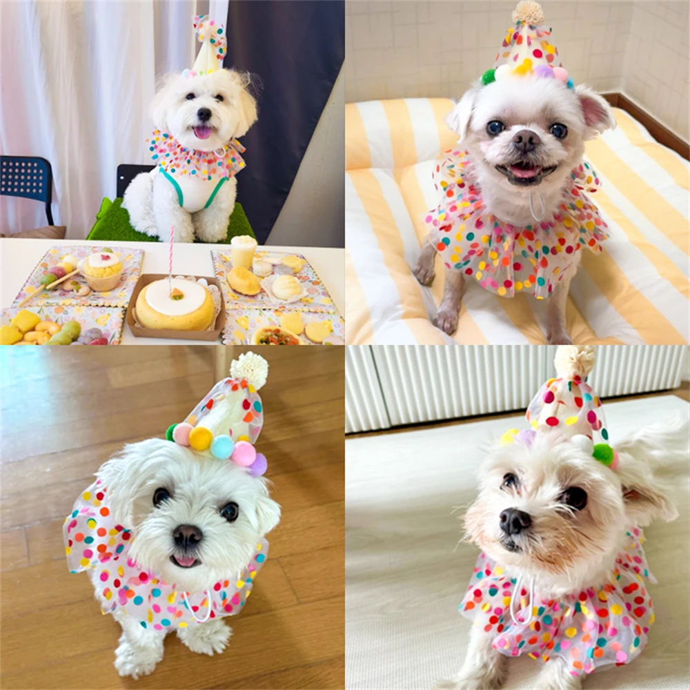 Pet Dog Birthday Party Dog Hat Candy Color Dot Lace Cat Bib Suit Cute Small Medium Dogs Costume Cap Pet Products Accessories