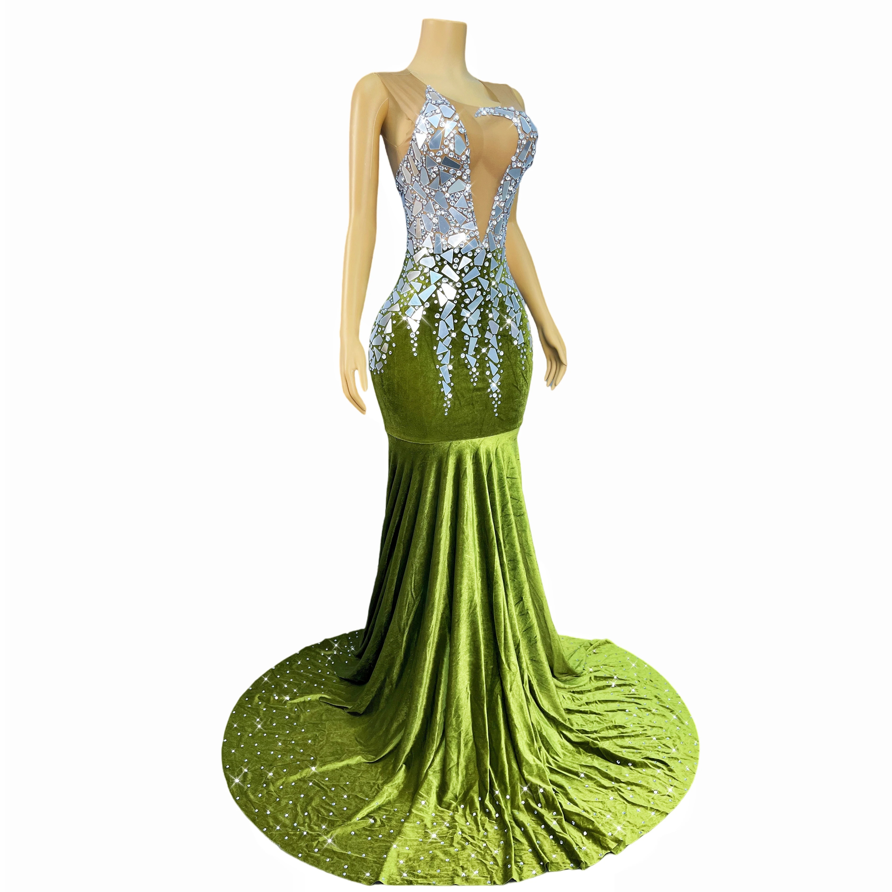 الراقية وامض المرايا الفضية الراين أنيقة القطيفة زائدة فستان سهرة فستان حفلات السجادة الحمراء تظهر الزي Qingyao #5