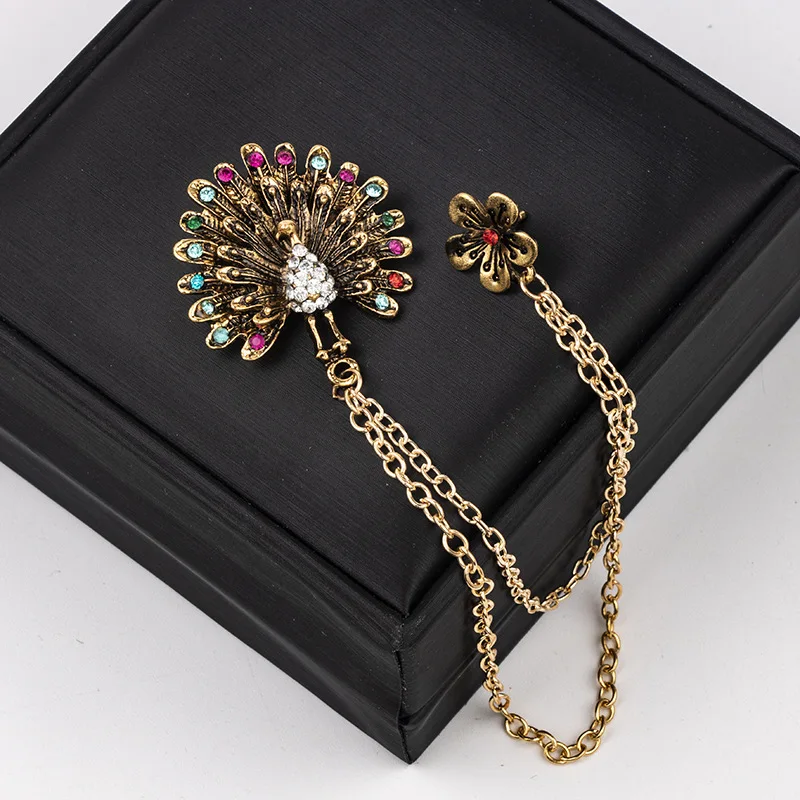 Fashion Vintage Double Layer Chain Flash Rhinestone Corsage Plum Peacock Brooch Collar Pin Badge Men's Women Clothes Accessories