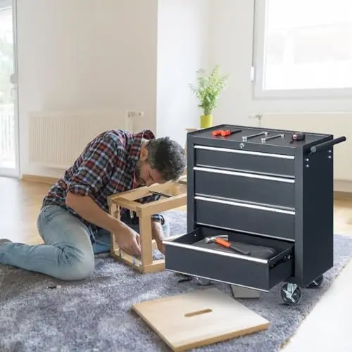 4 Drawer Rolling Tool Cabinet, Lockable Steel Tool Chest, Black | Heavy Duty Metal Garage Workshop Storage Cart with