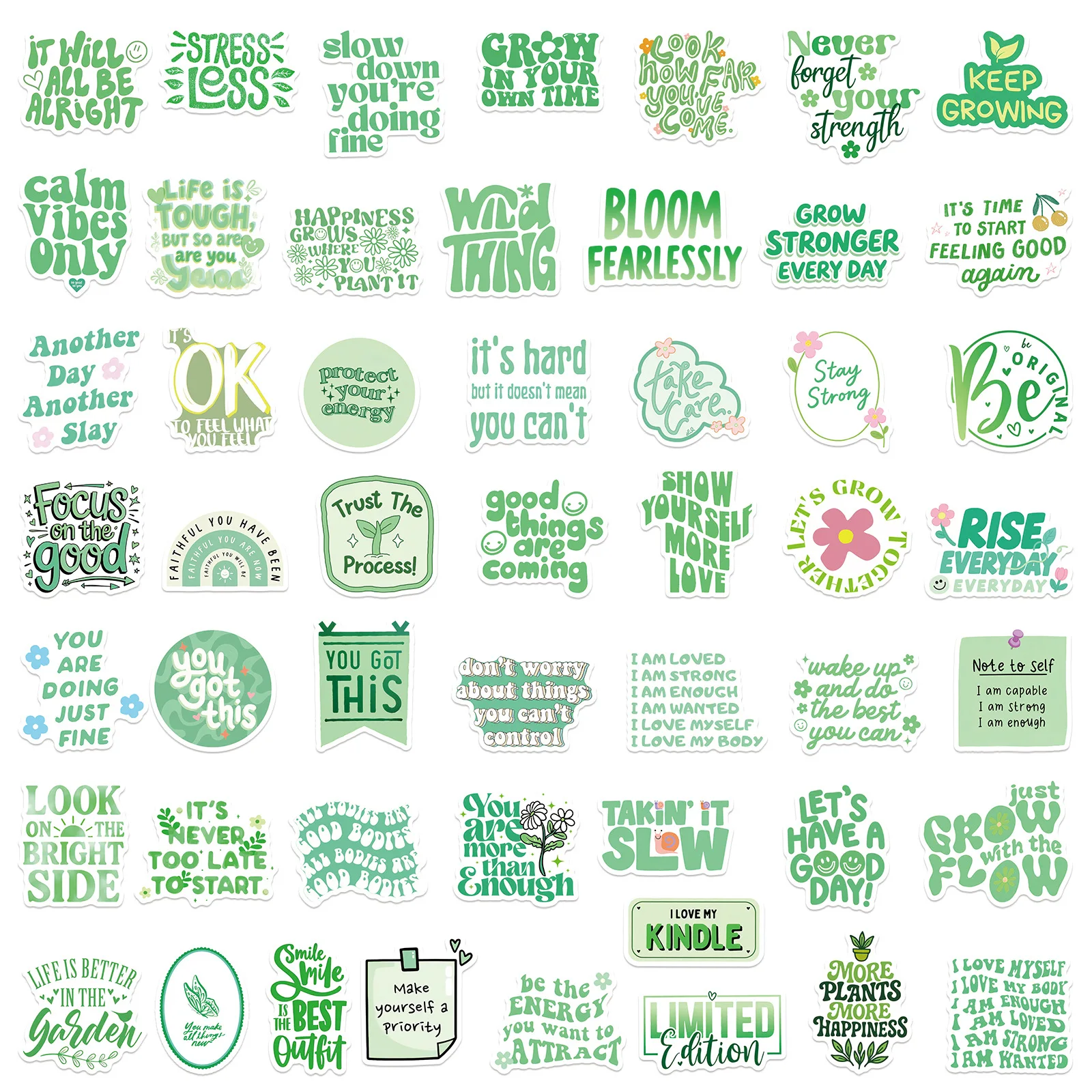 50PCS Green Inspirational Text Waterproof Stickers English Slogan Graffiti Decoration DIY Notebook Suitcase Water Cup Guitar Toy