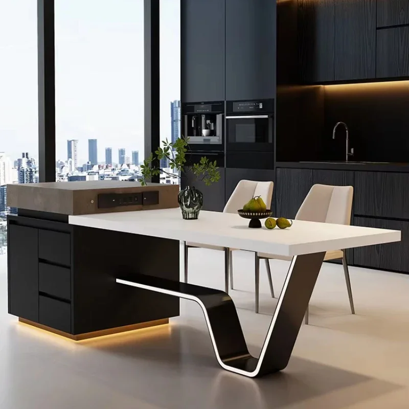 Modern Italian Kitchen Island Dining Table, Sintered Stone Slab, Steel Structure, 3 Drawers, Customizable Glass Drawer Basket