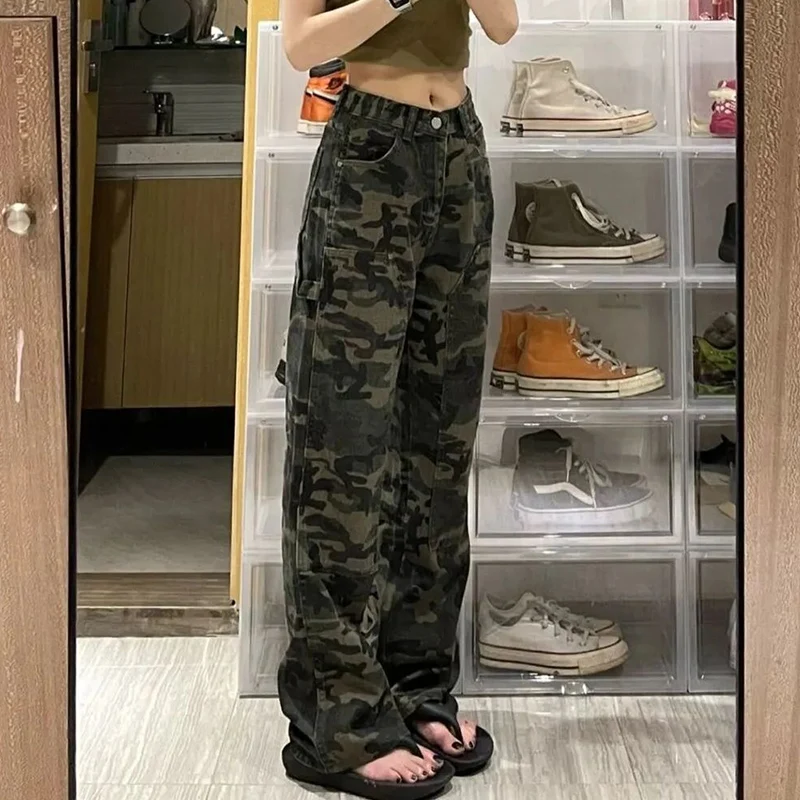 Primavera autunno sciolto moda Casual Camouflage Denim pantaloni Cargo femminile a vita alta tutto-fiammifero pantaloni dritti abbigliamento donna